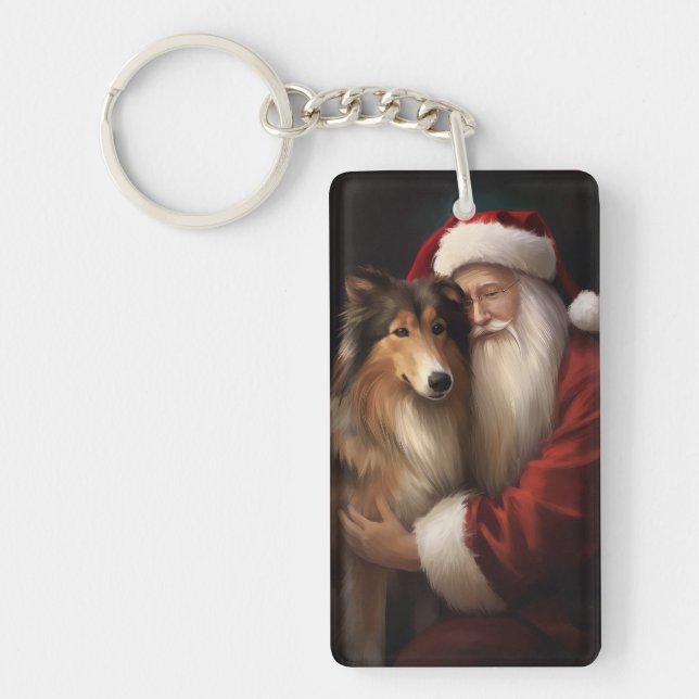 Rough Collie With Santa Claus Festive Christmas  Key Ring (Front)