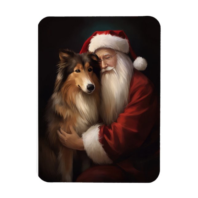 Rough Collie With Santa Claus Festive Christmas  Magnet (Vertical)