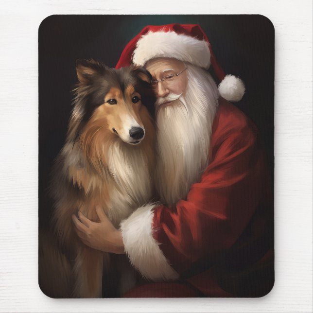 Rough Collie With Santa Claus Festive Christmas  Mouse Mat (Front)