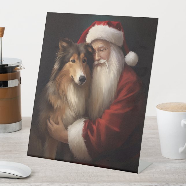 Rough Collie With Santa Claus Festive Christmas  Pedestal Sign (In SItu)