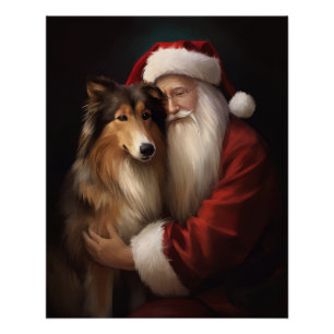 Rough Collie With Santa Claus Festive Christmas  Poster