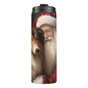 Rough Collie With Santa Claus Festive Christmas Thermal Tumbler