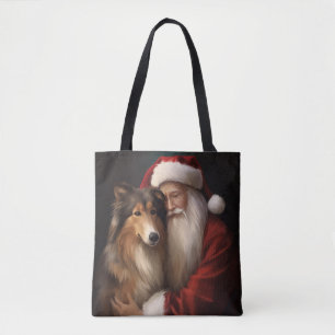 Rough Collie With Santa Claus Festive Christmas  Tote Bag