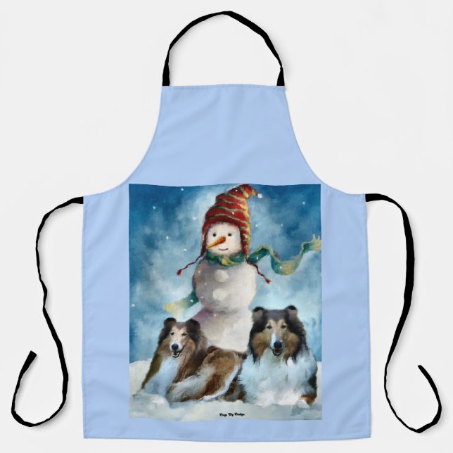 Rough Collie with Snowman Christmas Apron (Front)