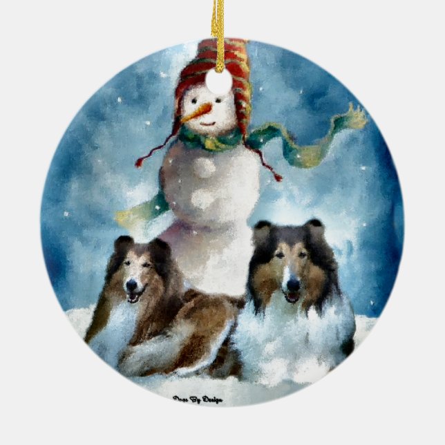 Rough Collie with Snowman Christmas Ceramic Tree Decoration (Back)