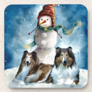 Rough Collie with Snowman Christmas Coaster
