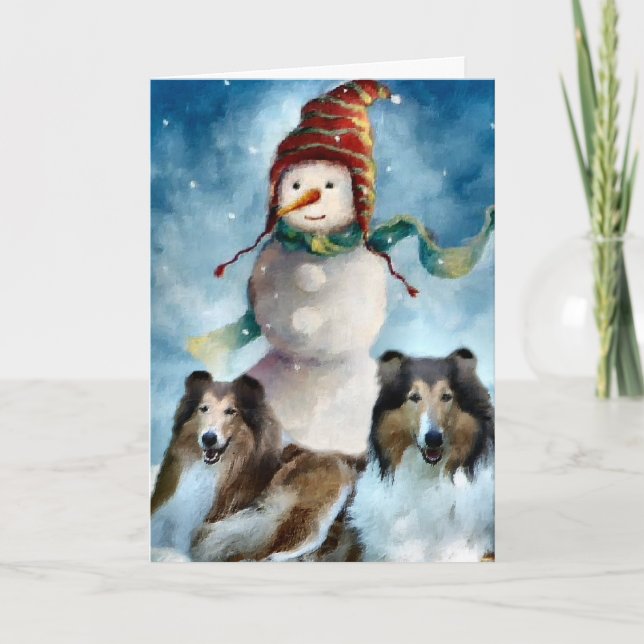 Rough Collie with Snowman Christmas Holiday Card (Front)