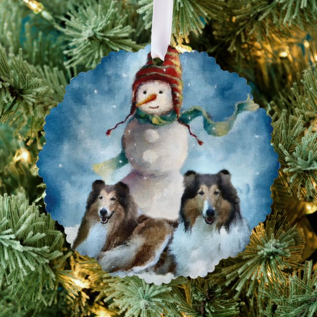 Rough Collie with Snowman Christmas Tree Decoration Card (Insitu (Tree))