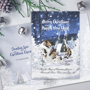 Rough Collies & Lambs in Magic Christmas Night - H Holiday Card