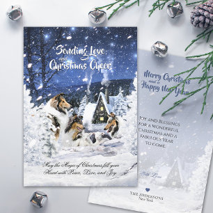 Rough Collies & Lambs in Snowfall - Christmas Card