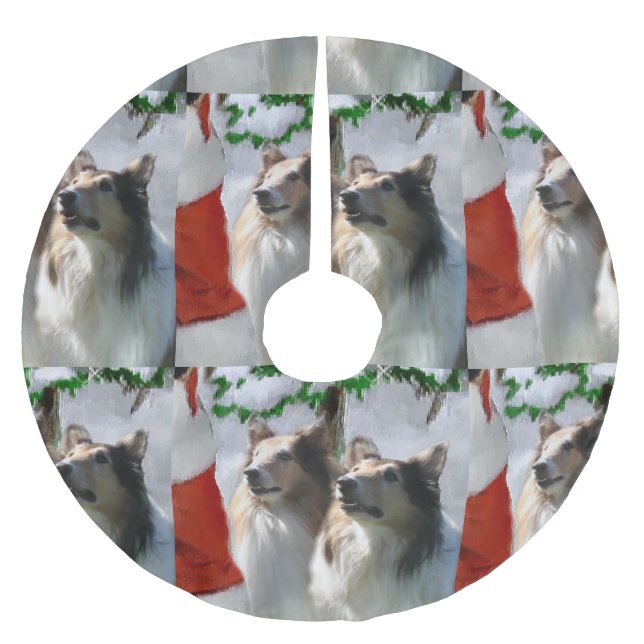 Rough Collies Meet Santa   Christmas Brushed Polyester Tree Skirt (Front)