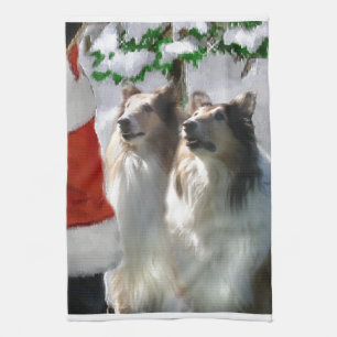 Rough Collies Meet Santa Christmas Tea Towel