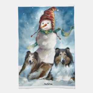 Rough Collies with Snowman Christmas Tea Towel