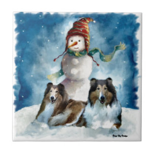 Rough Collies with Snowman Christmas Tile