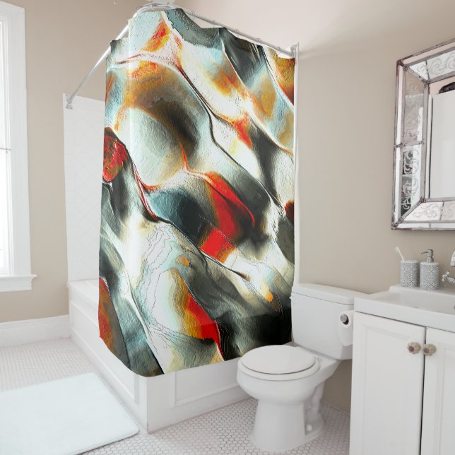 Rough silvery rock over burning ember, intensity shower curtain (In Situ)
