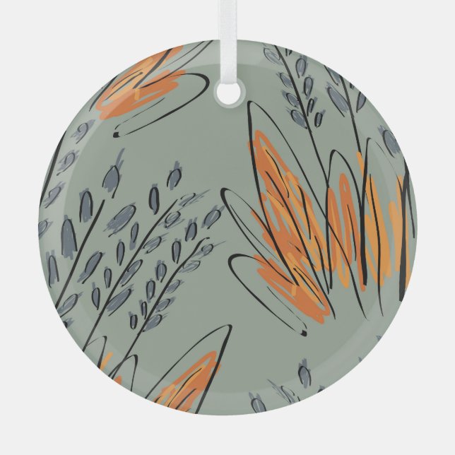 Rough Sketched Grass Ethnic Design Glass Tree Decoration (Front)