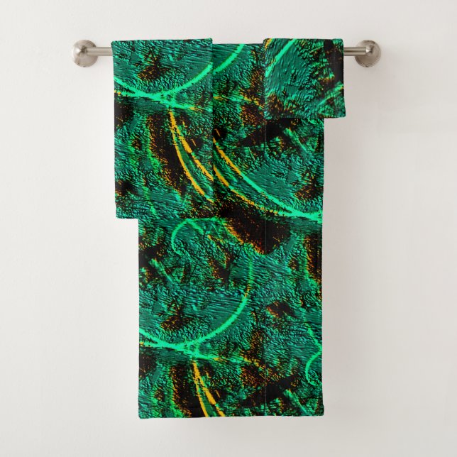 Rough texture dark green cyan with brown craters bath towel set (Insitu)