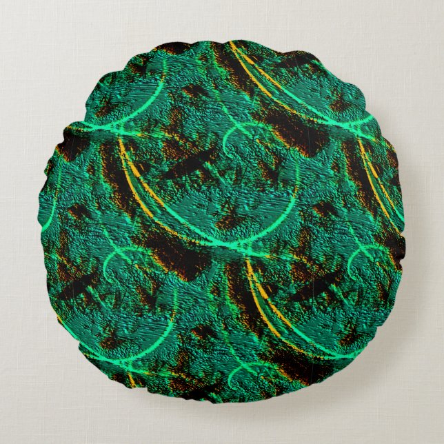 Rough texture dark green cyan with brown craters round cushion (Front)