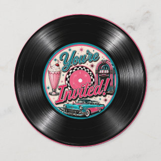 Round 50s Retro Vinyl Record Birthday Invitation