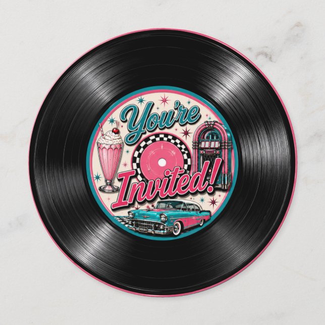 Round 50s Retro Vinyl Record Birthday Invitation  (Front)