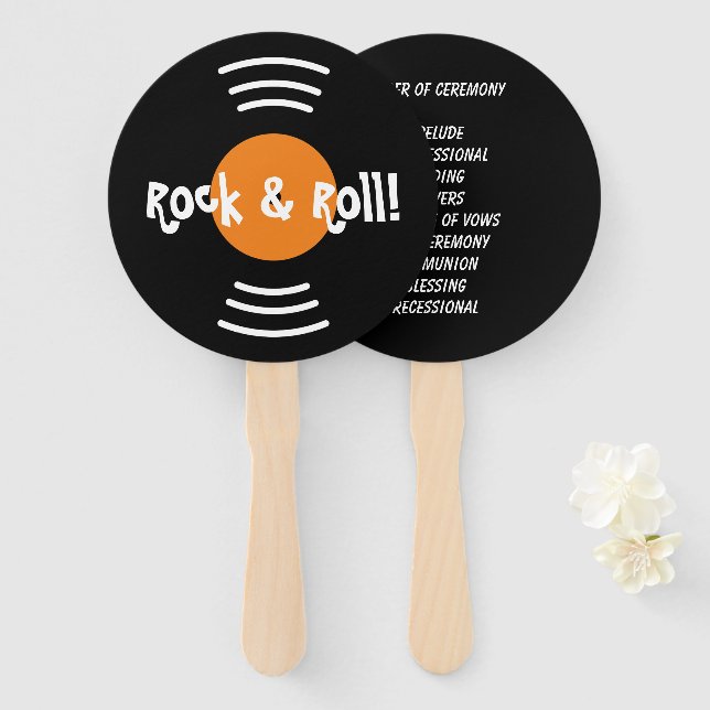 Round 60s rock and roll wedding ceremony program hand fan (Front and Back)