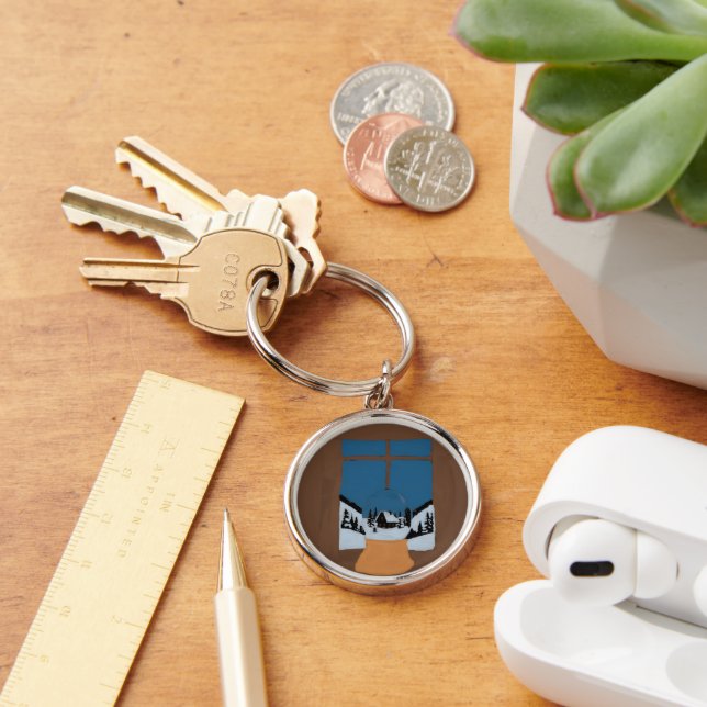 Round Aluminum Keychain with Winter Snow Globe Sce (Desk)