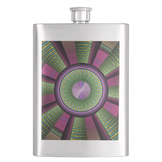 Round And Colourful Modern Decorative Fractal Art Hip Flask (Front)