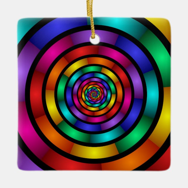 Round and Psychedelic Colourful Modern Fractal Art Ceramic Ornament (Front)