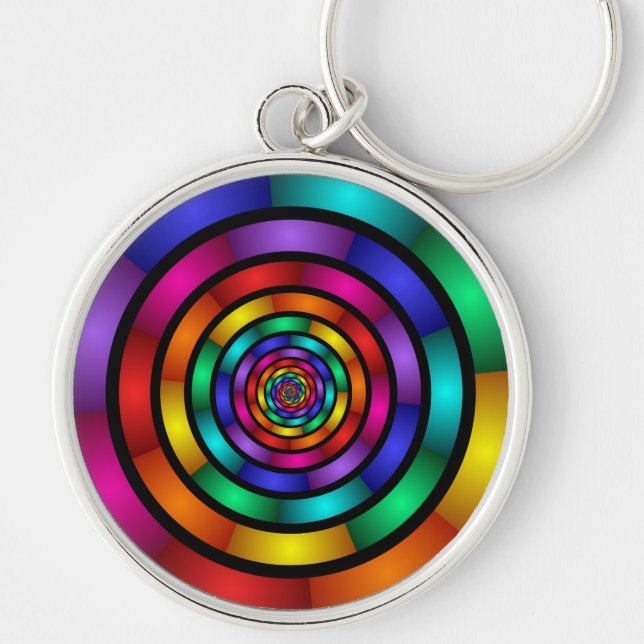 Round and Psychedelic Colourful Modern Fractal Art Key Ring (Front)