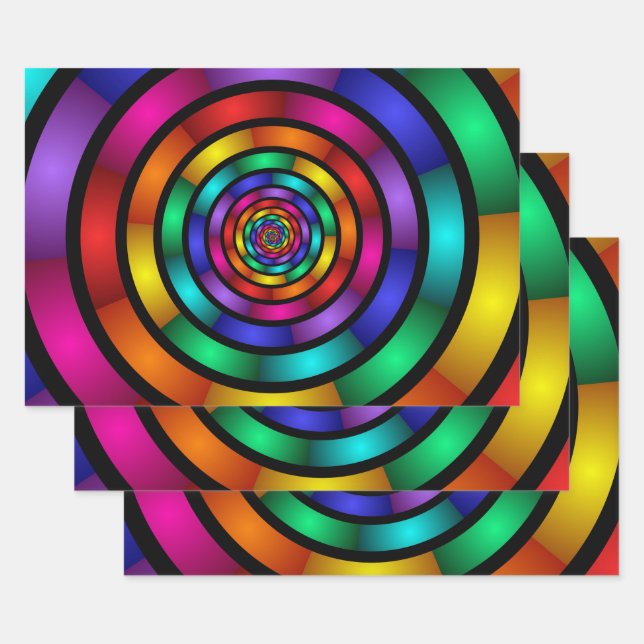 Round and Psychedelic Colourful Modern Fractal Art Wrapping Paper Sheet (Set)