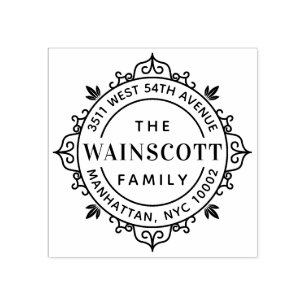 Round Art Deco Frame Family Name Return Address Rubber Stamp