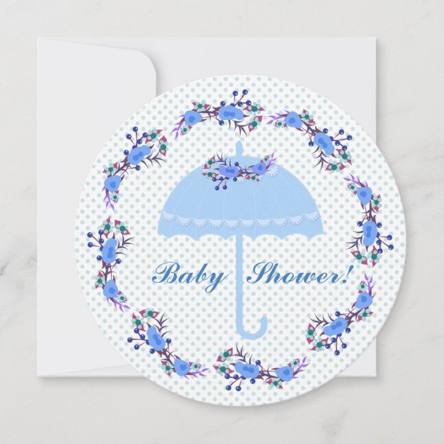 Round Baby Boy Shower Invitation, Blue Umbrella Invitation (Front)
