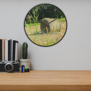 Round Bales in Summer Farmers Hay Field Scene Large Clock