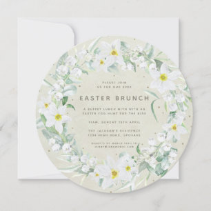 Round Beige + White Floral Wreath Easter Brunch Invitation