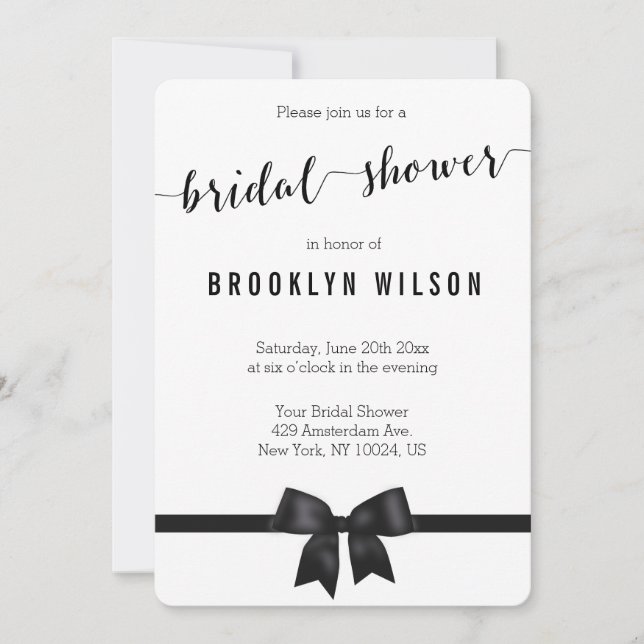 Round Black And White Bridal Shower Invites Bow (Front)