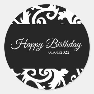Round Black and White Damask Labels Stickers