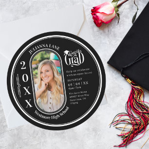 Round Black and White Graduation Photo Invitation