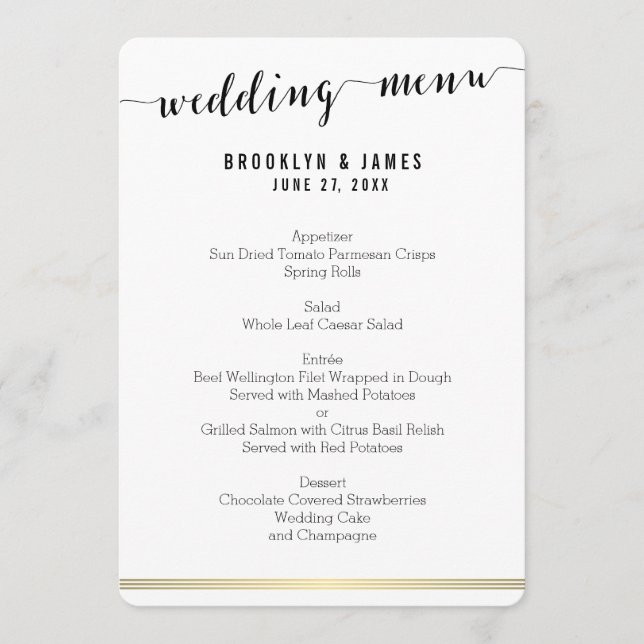 Round Black And White Wedding Menu Card Gold Lines (Front)