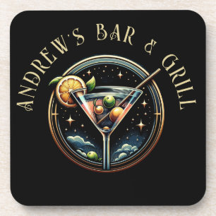 Round Black & Gold Martini Logo Bar & Grill  Coaster