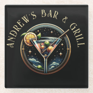 Round Black & Gold Martini Logo Bar & Grill  Glass Coaster
