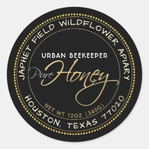 Round Black Honey Label with Dotted Gold Border