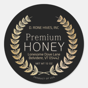Round Black Honey Label with Gold Laurel Wreath