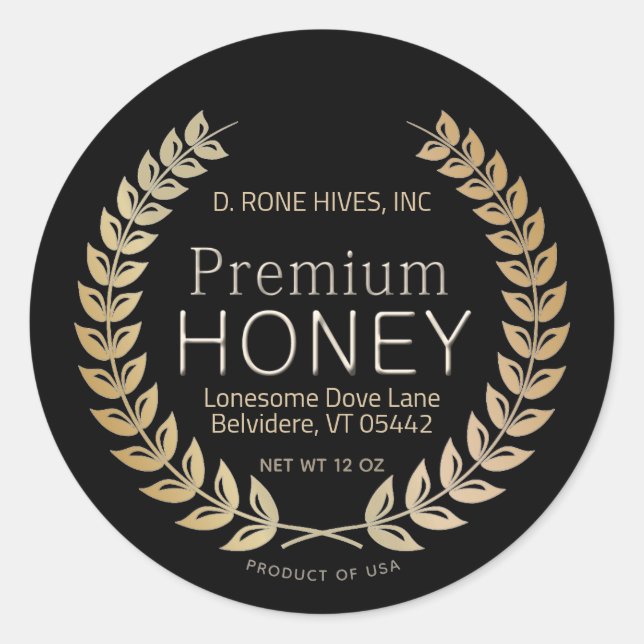 Round Black Honey Label with Gold Laurel Wreath (Front)