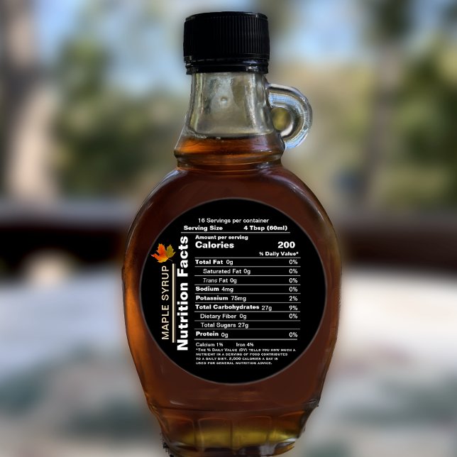 Round Black Maple Syrup Nutrition Facts with Leaf  Classic Round Sticker (Creator Uploaded)