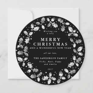 Round Black Merry Christmas Holly Wreath Holiday Card