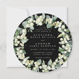 Round Black Snowberry + Eucalyptus Wreath Wedding Invitation