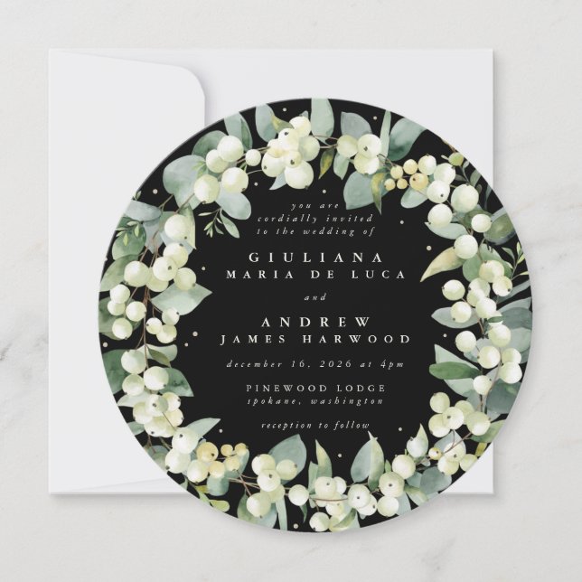 Round Black Snowberry + Eucalyptus Wreath Wedding Invitation (Front)