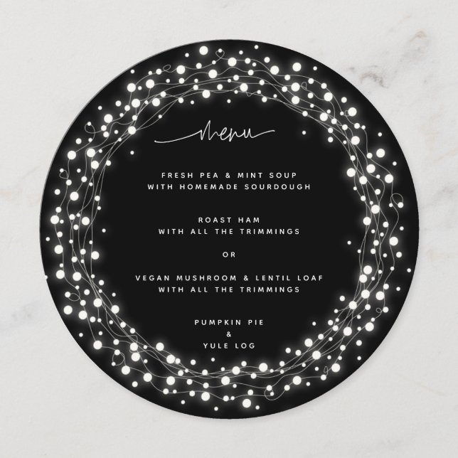 Round Black Sparkling Lights Christmas Dinner Menu (Front)