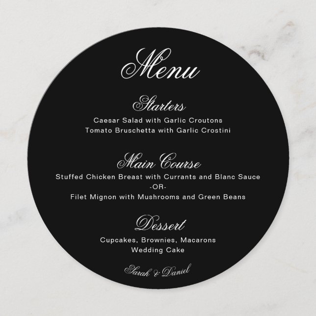 Round Black Wedding Menu with White Calligraphy (Front)