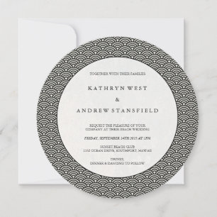 Round Black + White Art Deco Wave Pattern Wedding Invitation
